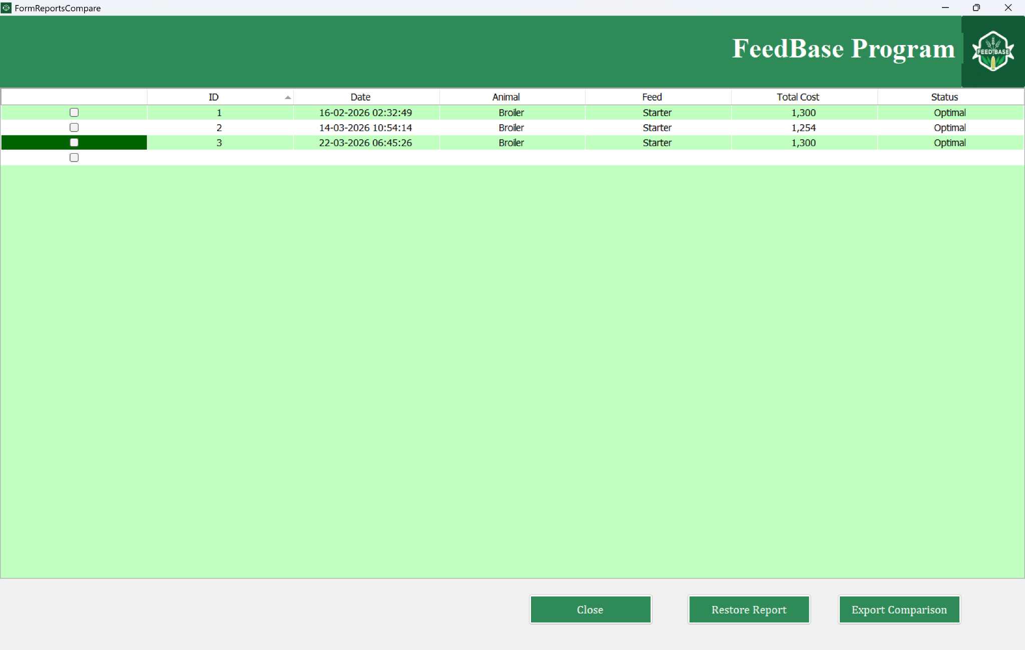 Comparison and Restore Screen