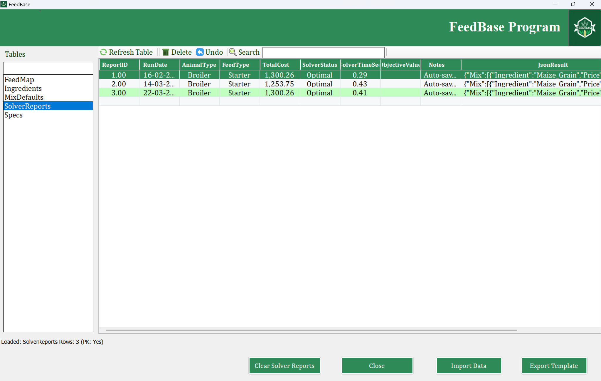 Solver Reports Table